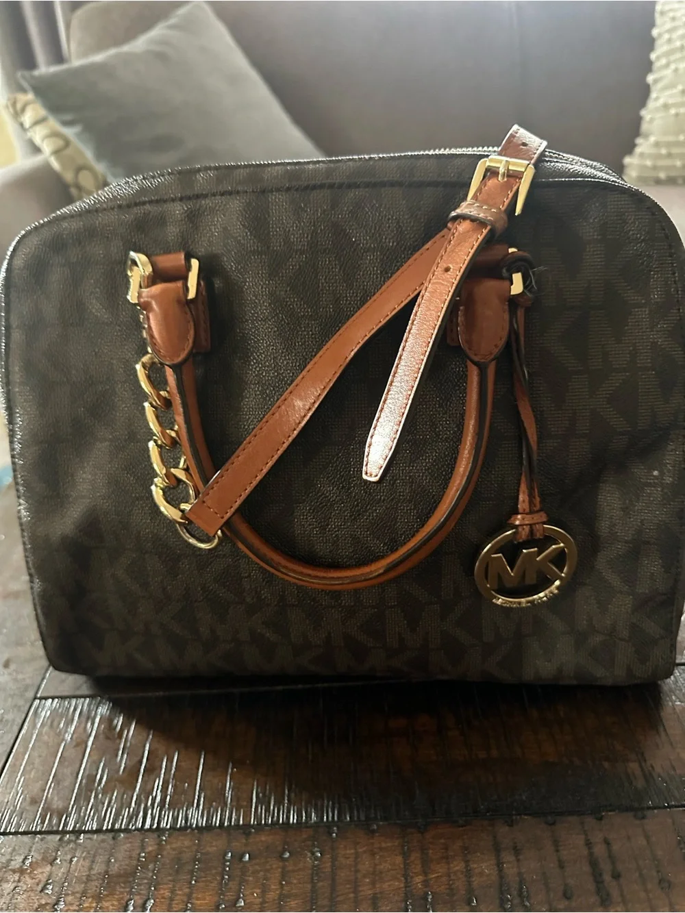 Michael Kors Dark Brown MK Logo Dome Satchel with Tan Trim